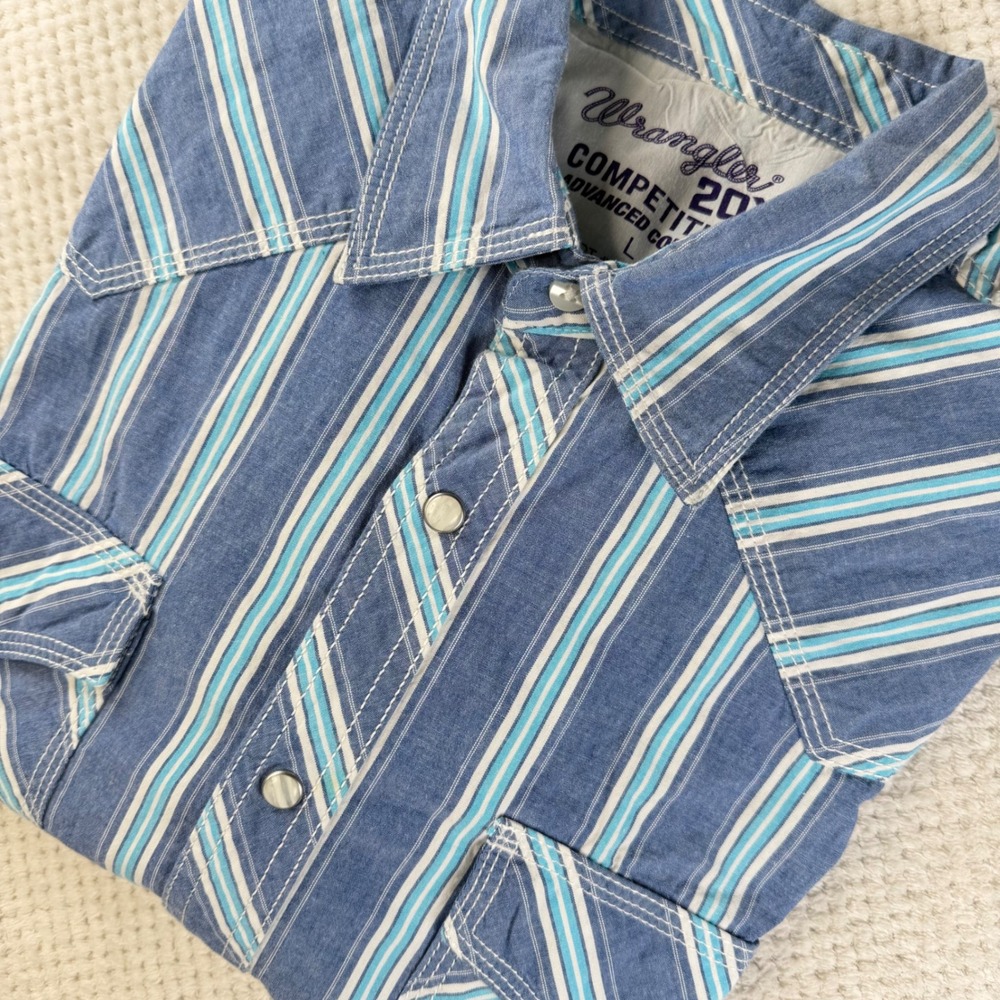 Wrangler 20X Competition Mens Large Blue Striped Pearl Snap Western Shirt